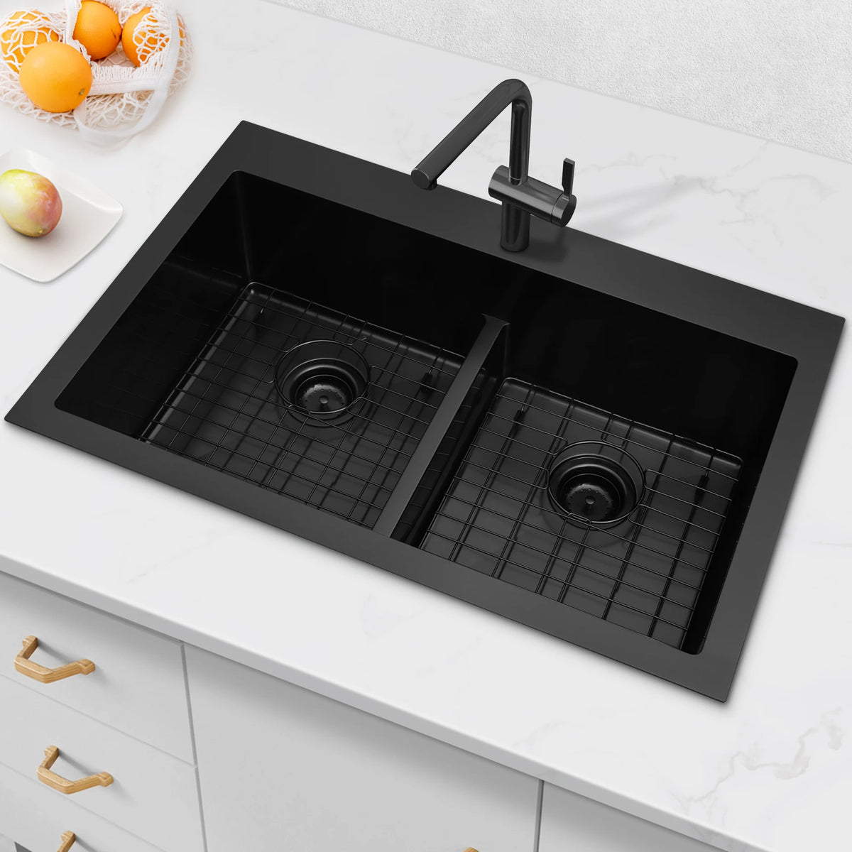 Black top mount double bowl kitchen sink installed on a countertop