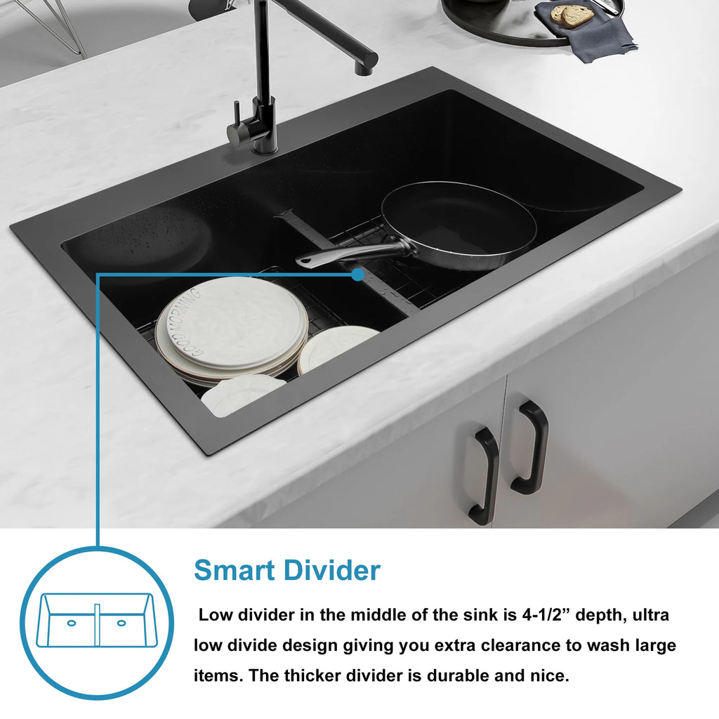 Low center divider design in black double bowl kitchen sink