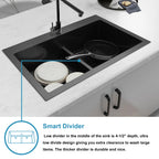 Low center divider design in black double bowl kitchen sink
