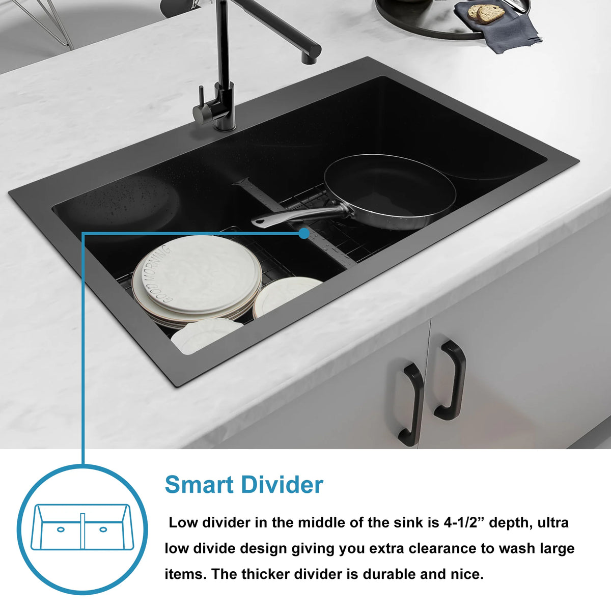 Low center divider design in black double bowl kitchen sink