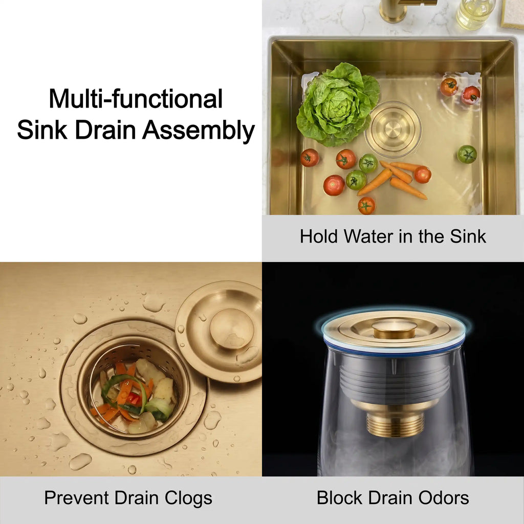 Gold kitchen sink basket strainer catching food scraps