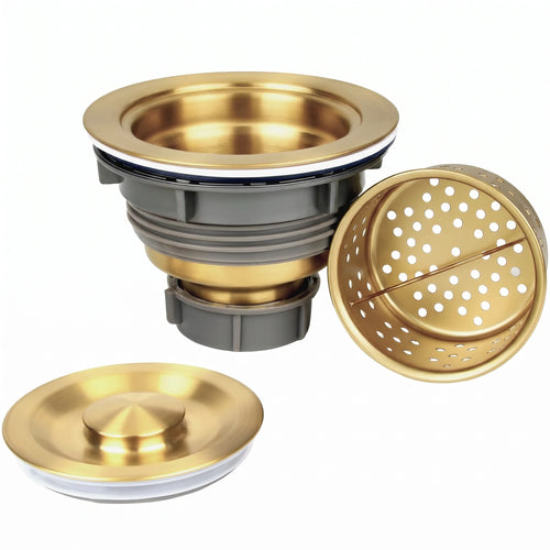 Gold LST008-GD kitchen sink drain assembly with basket strainer and stopper