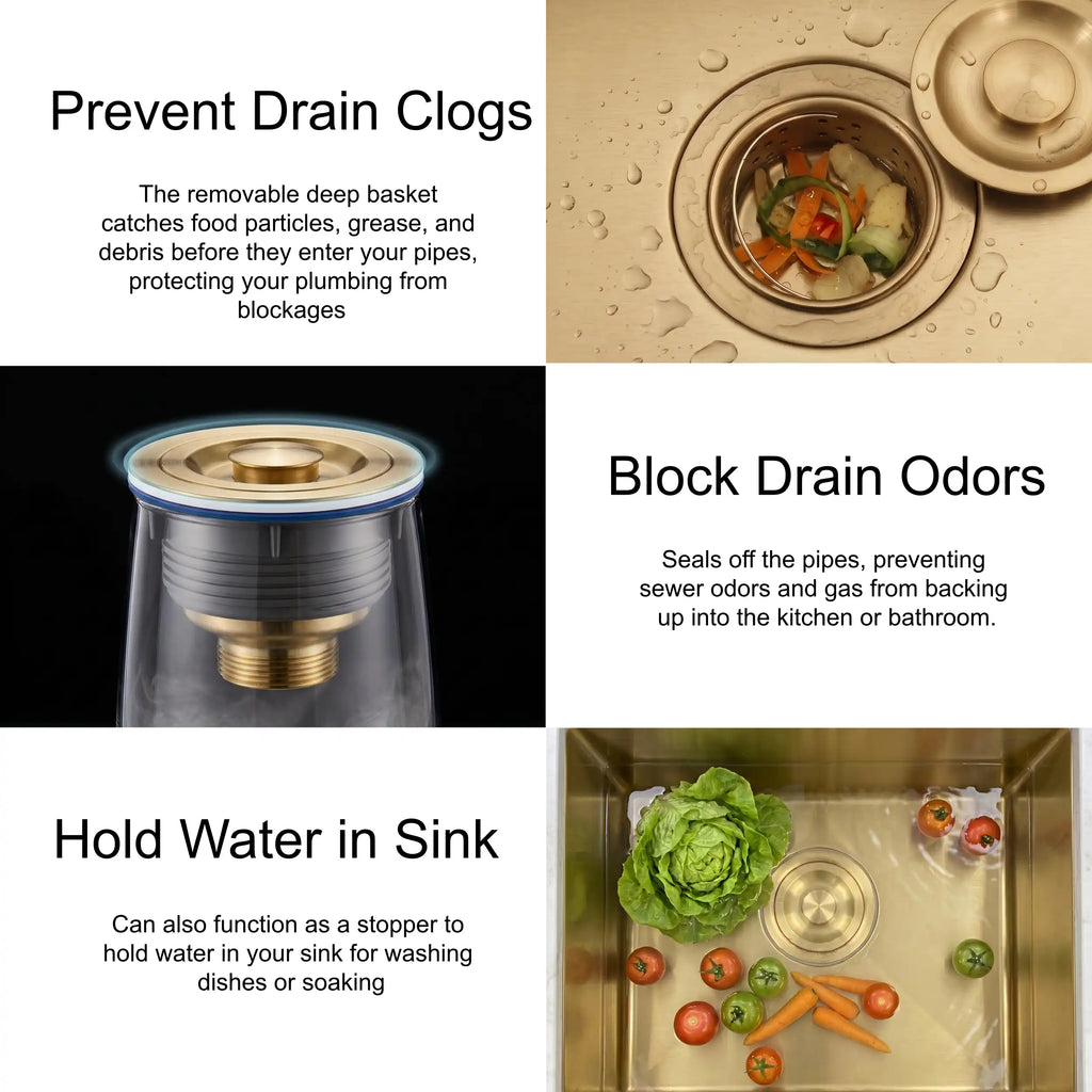 Gold kitchen sink drain with basket strainer and stopper benefits