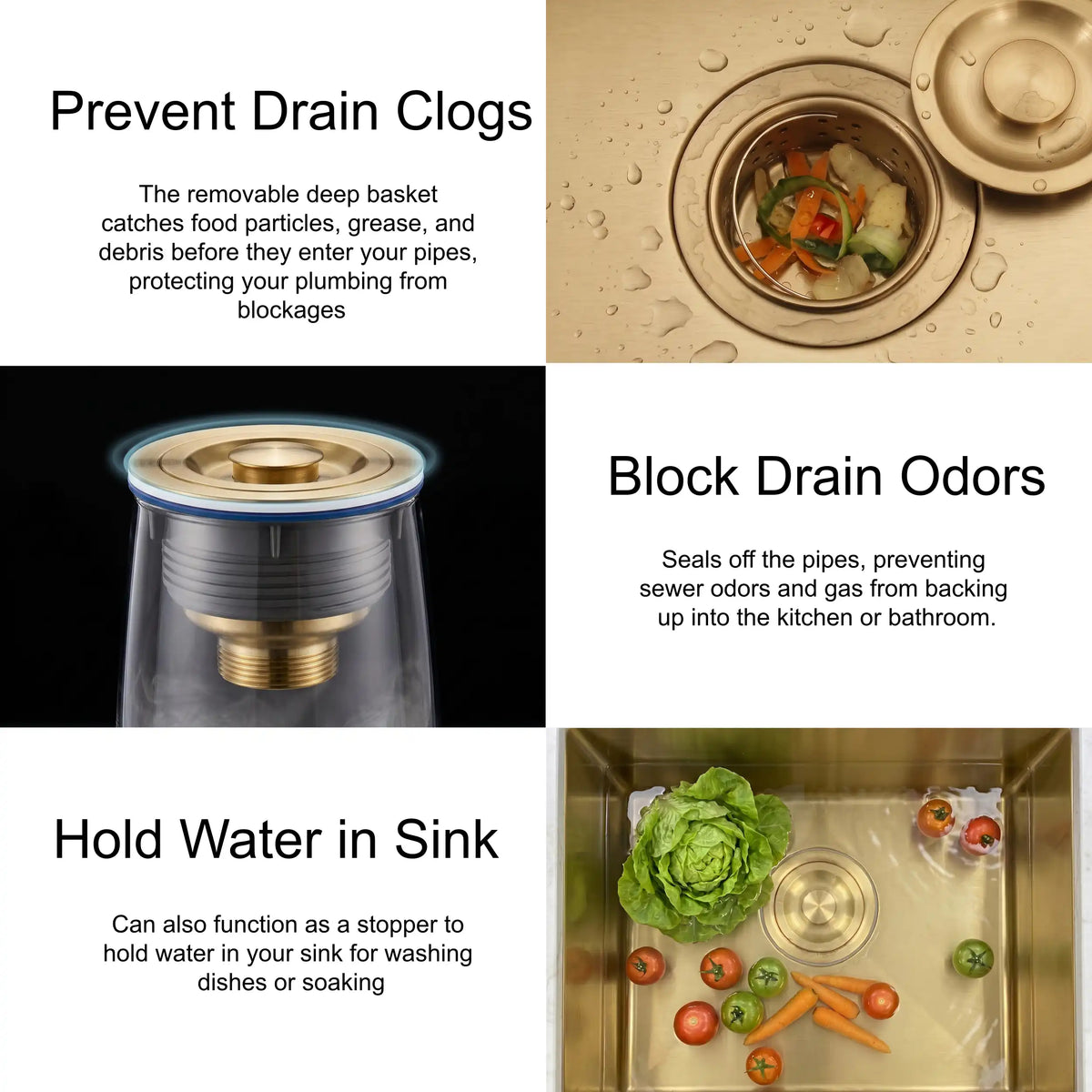 Gold kitchen sink drain with basket strainer and stopper benefits