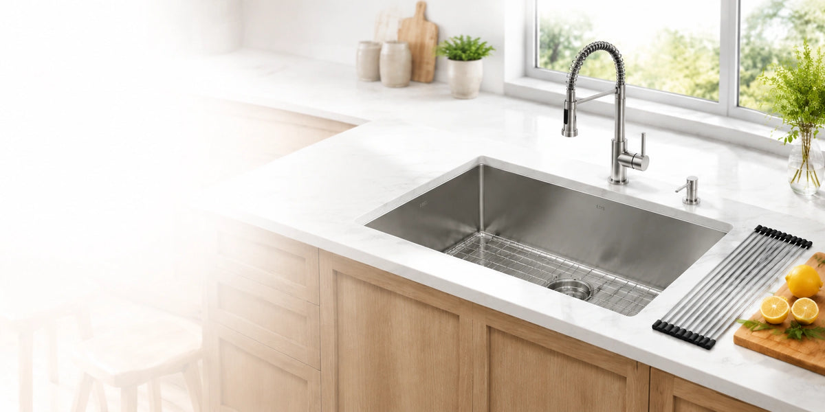 Stainless steel kitchen sink in a bright modern kitchen