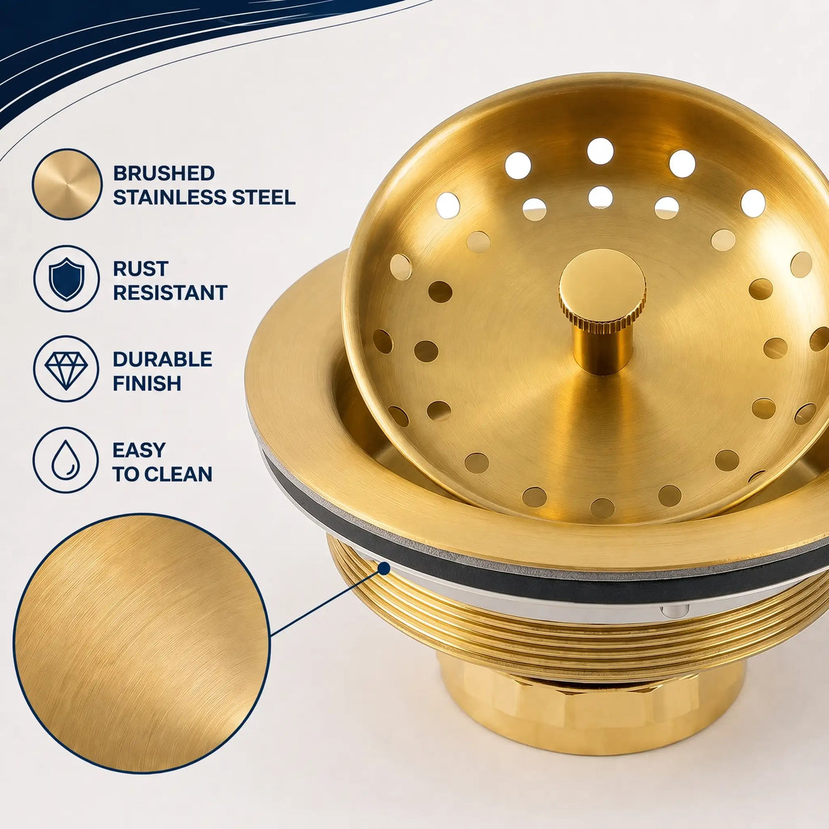 Brushed stainless steel gold kitchen sink drain strainer features