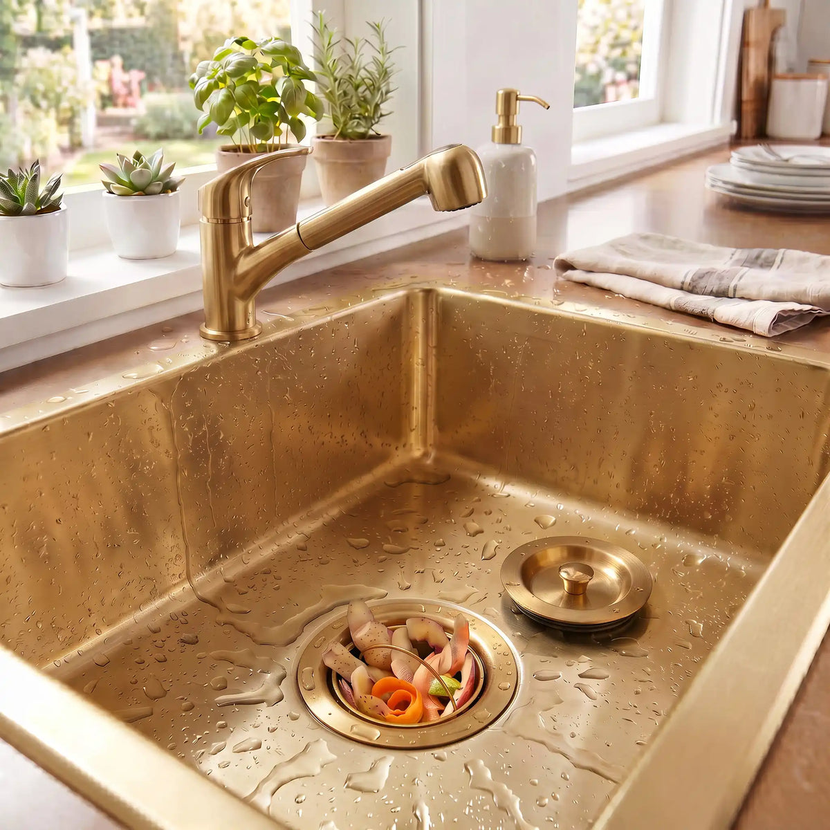 Gold kitchen sink drain installed in a gold kitchen sink