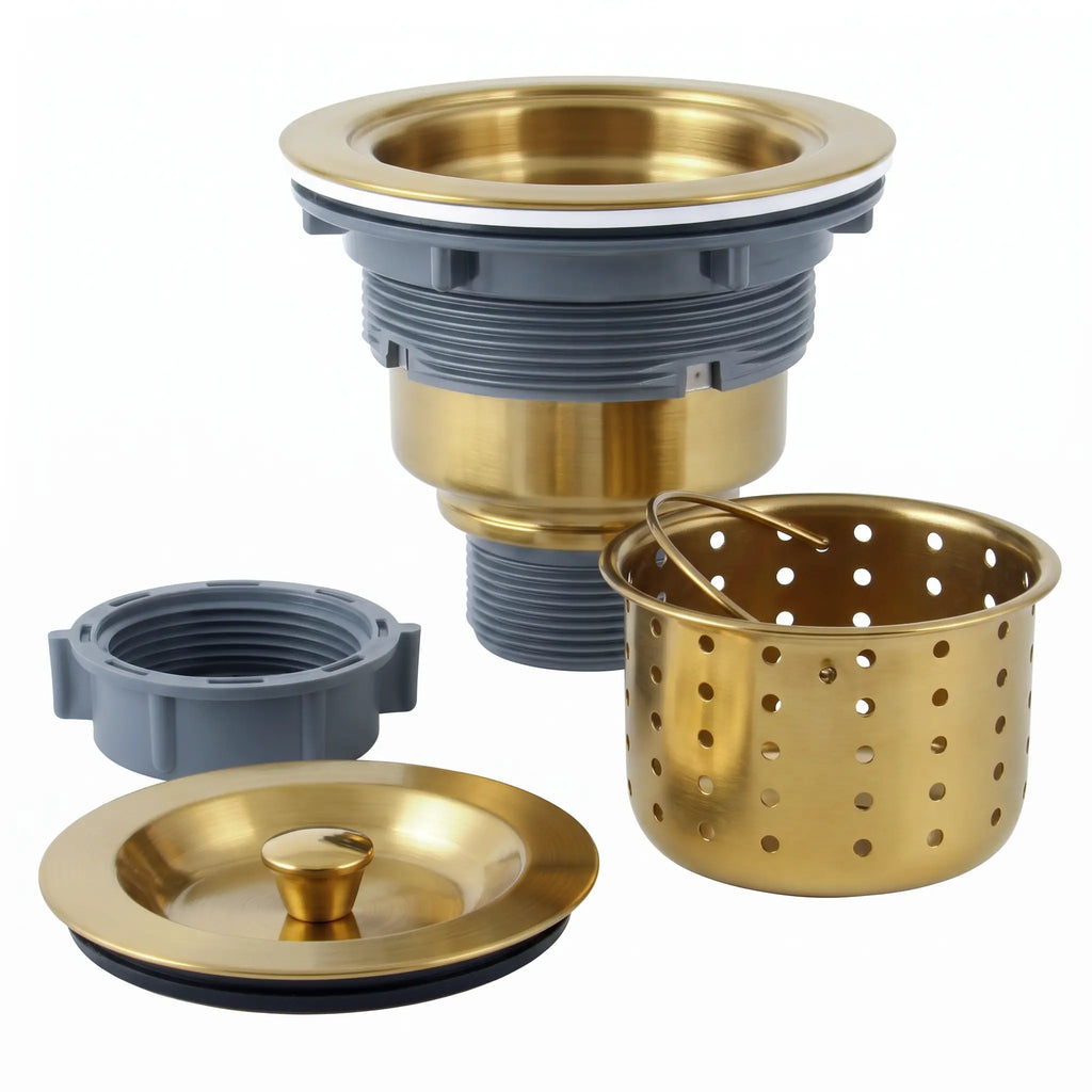 Gold kitchen sink drain assembly with removable basket strainer and lid