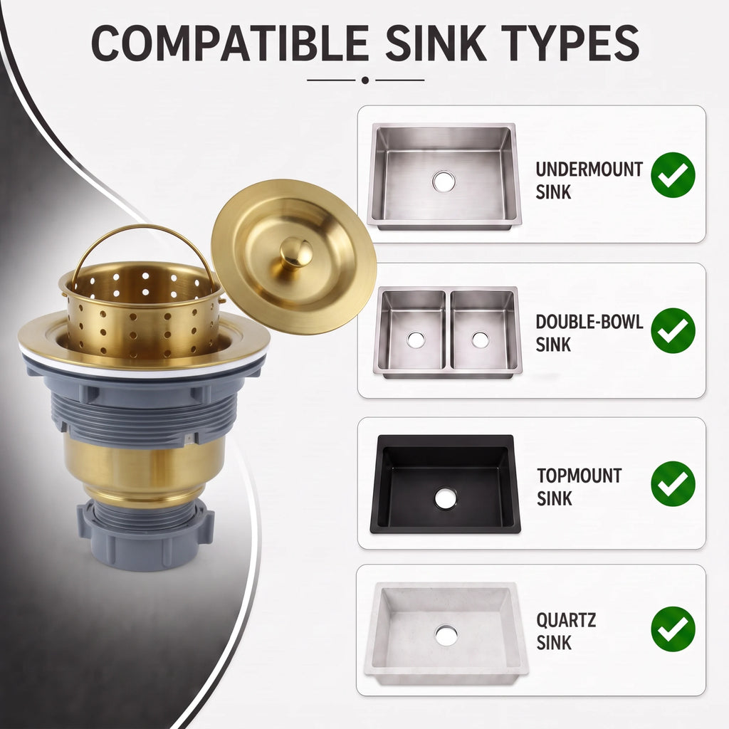 Kitchen sink drain compatibility guide for undermount, double-bowl, topmount and quartz sinks