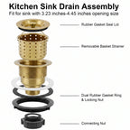 Exploded view of kitchen sink drain assembly with basket strainer, gaskets and connecting nut