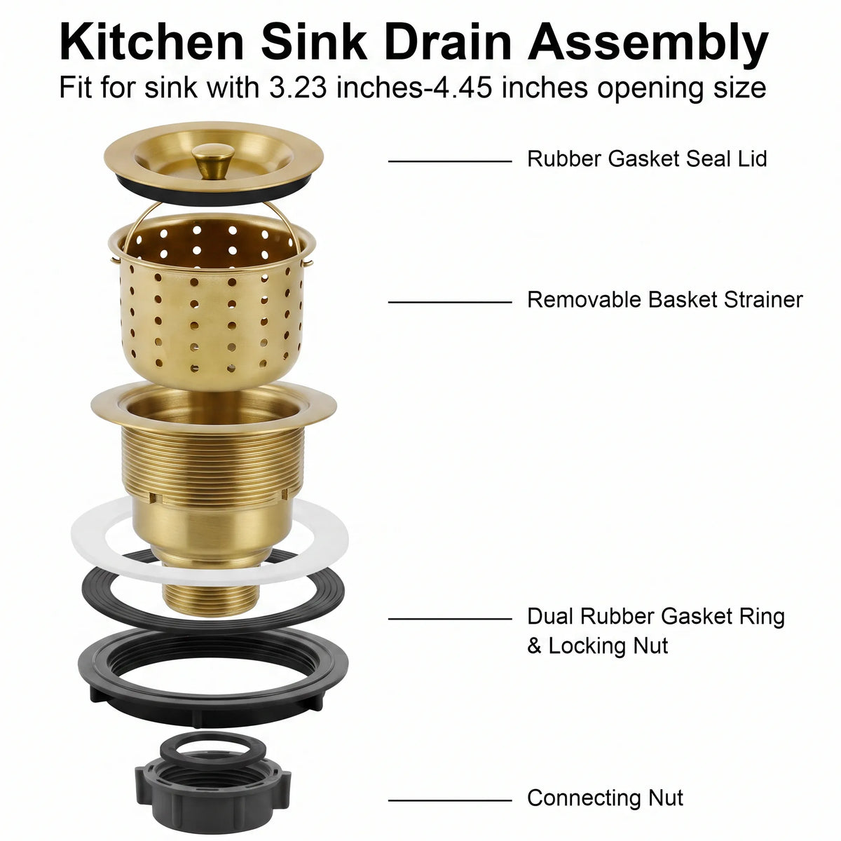 Exploded view of kitchen sink drain assembly with basket strainer, gaskets and connecting nut