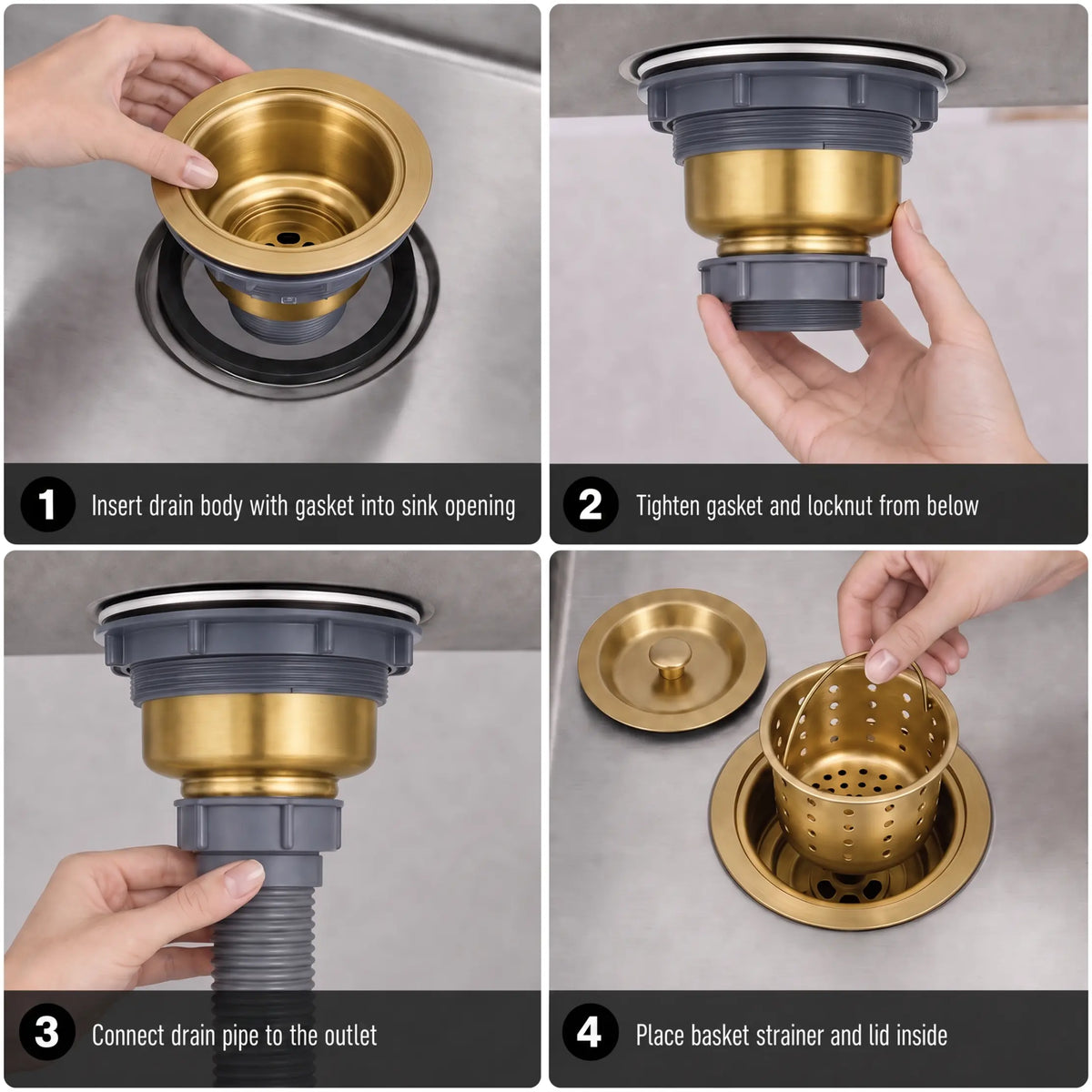 Four-step installation guide for SS-61A kitchen sink drain