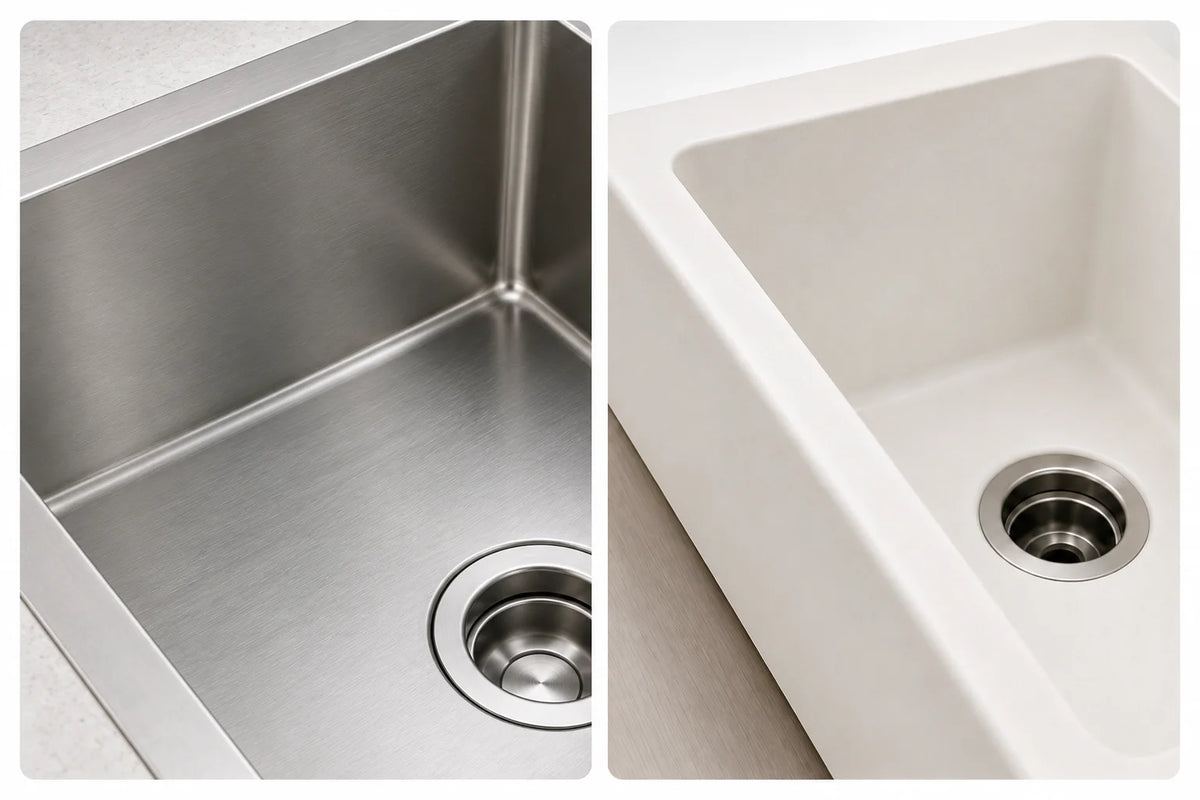 Close-up comparison of LQS stainless steel and quartz composite sink materials