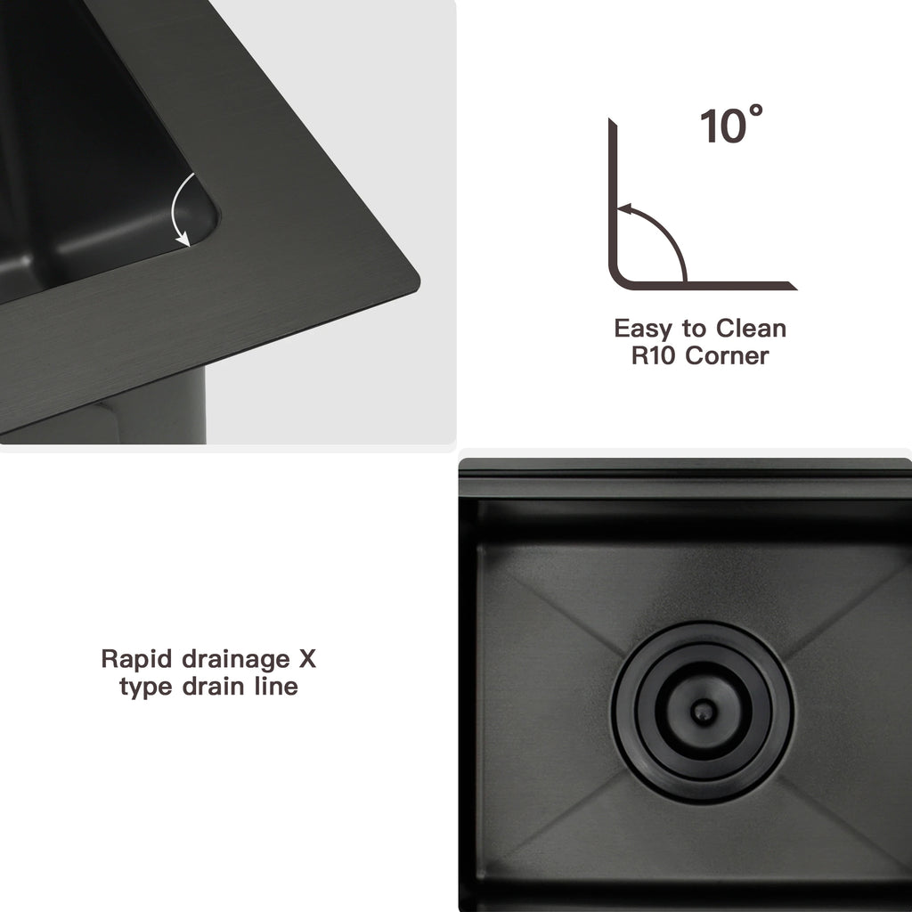 Black topmount bar sink with R10 corners and X-shaped drainage