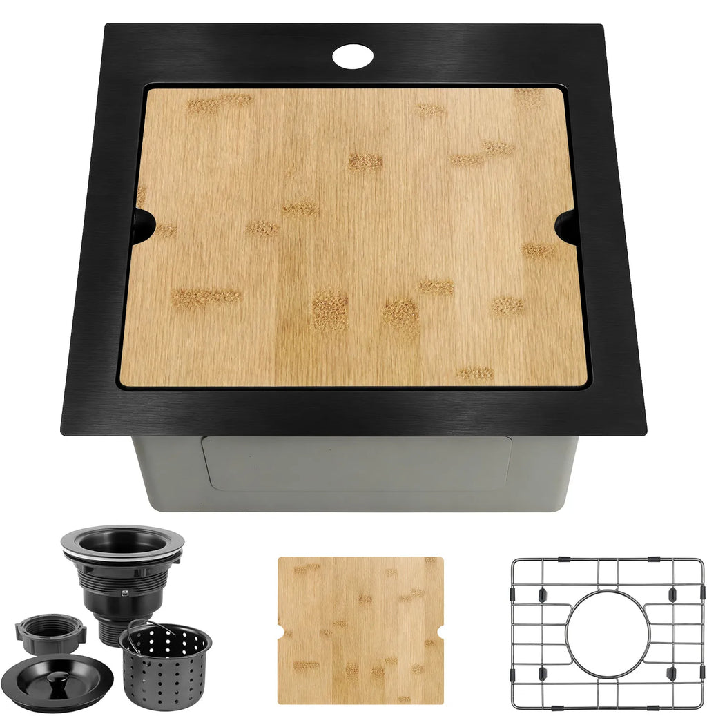 Black topmount bar sink with cutting board bottom grid and drain assembly