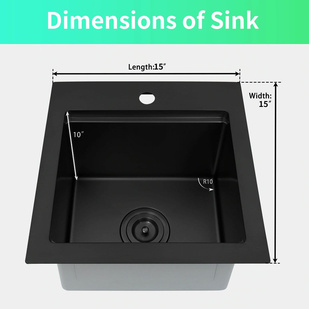 Dimensions of black 15 x 15 inch topmount bar sink with 10 inch deep bowl