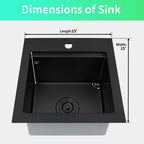 Dimensions of black 15 x 15 inch topmount bar sink with 10 inch deep bowl