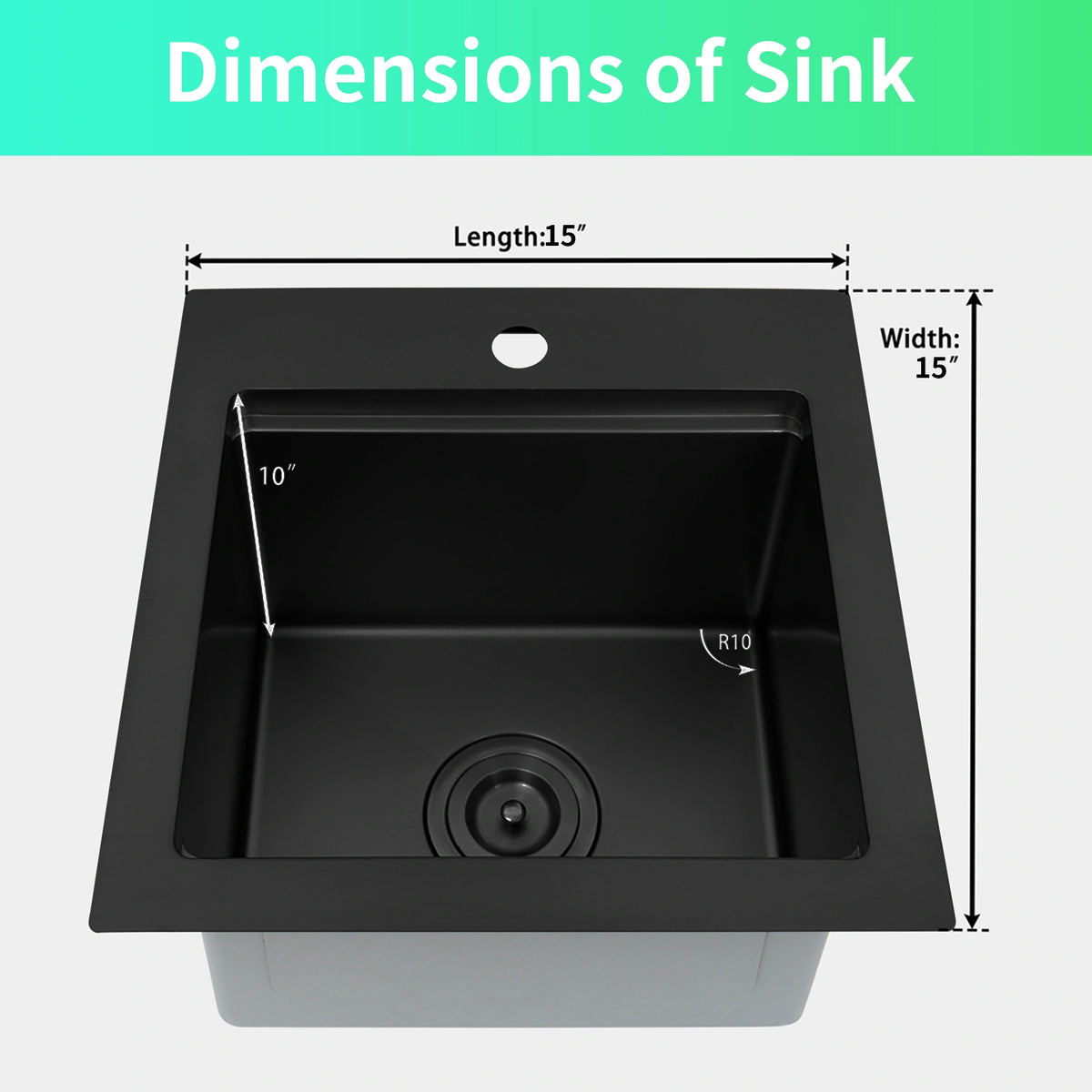 Dimensions of black 15 x 15 inch topmount bar sink with 10 inch deep bowl