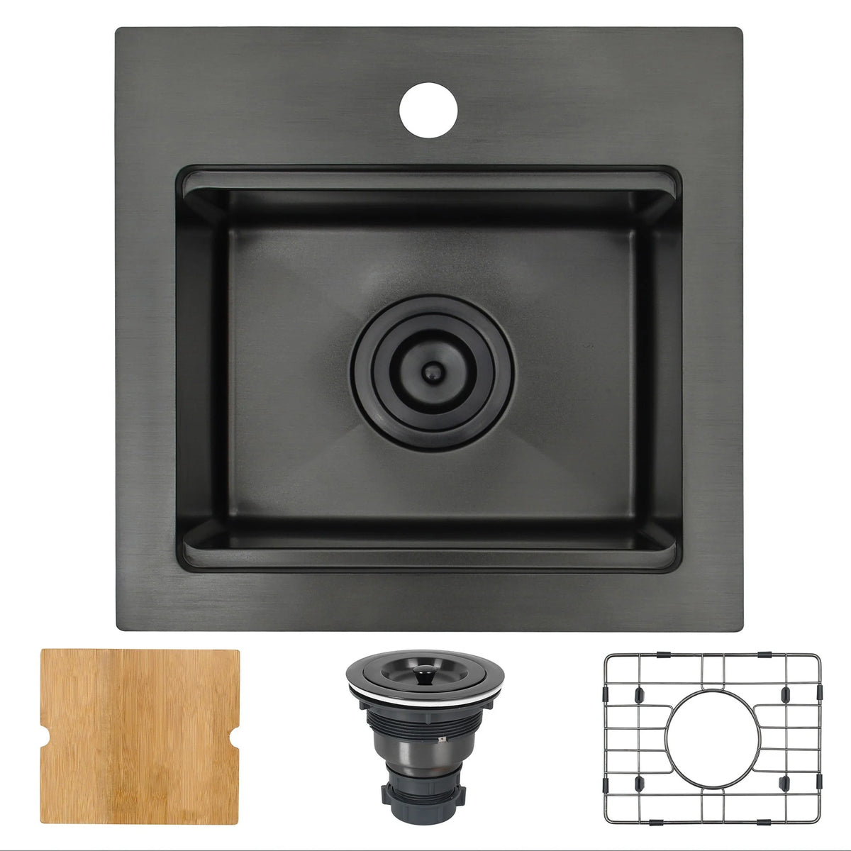 Front view of black 15 inch topmount single bowl bar sink