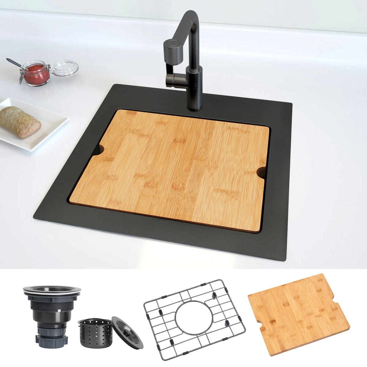 Black 15 inch topmount bar sink with cutting board bottom grid and drain