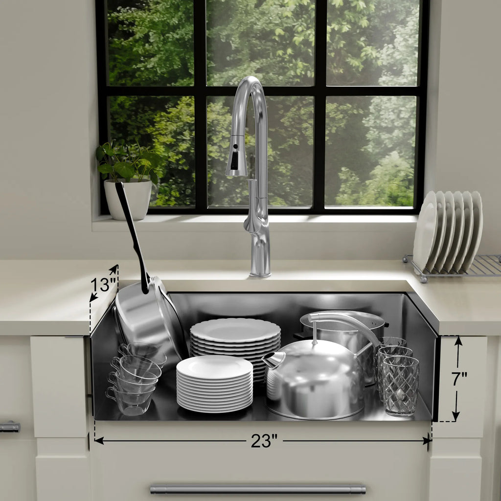 23 inch wide and 7 inch deep stainless steel single bowl kitchen sink interior
