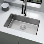 25 inch stainless steel undermount single bowl kitchen sink installed in countertop