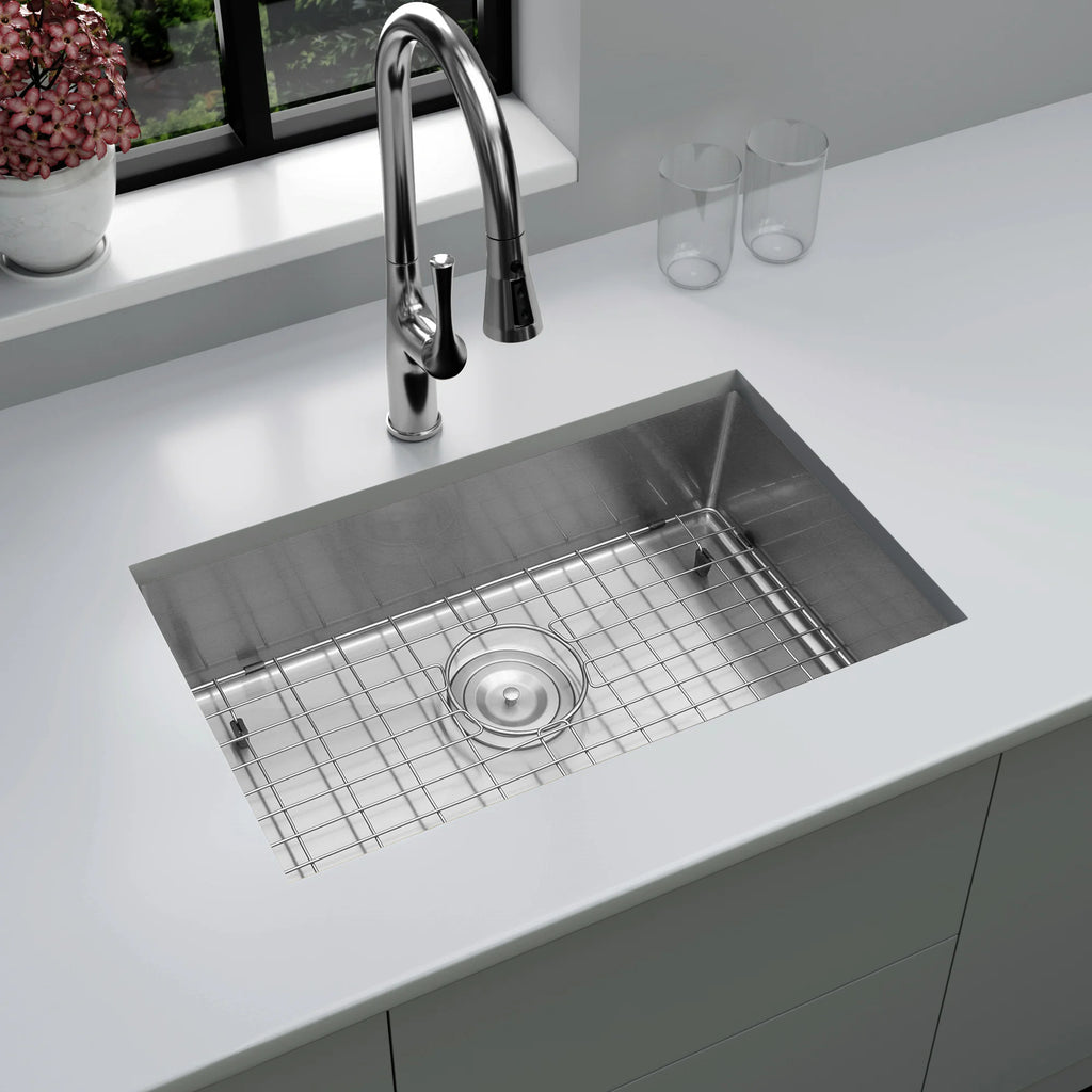 25 inch stainless steel undermount kitchen sink installed with bottom grid