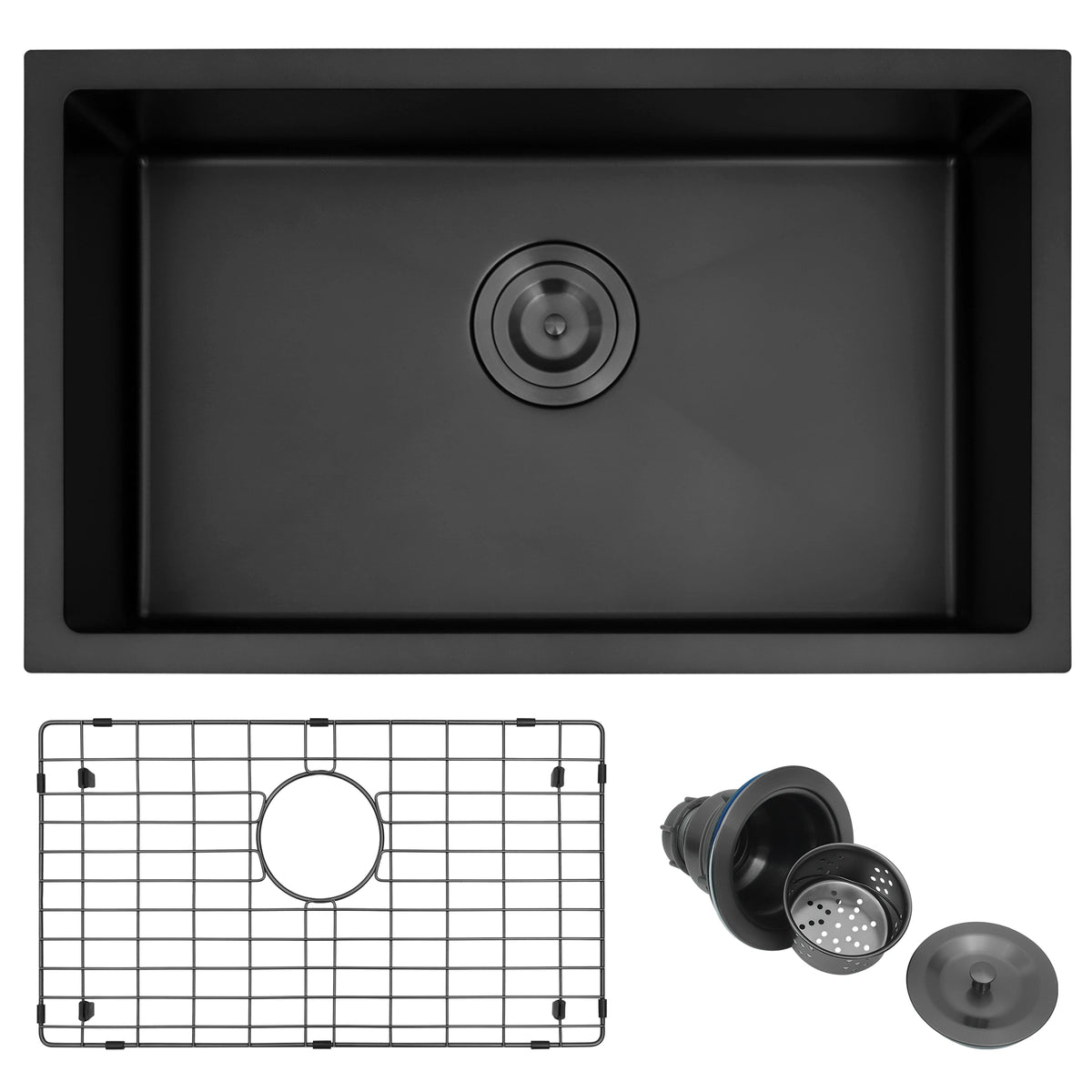 25 inch black undermount single bowl kitchen sink with bottom grid