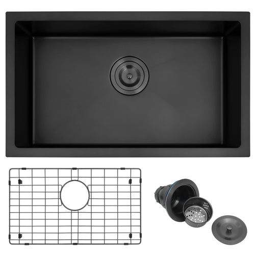 25 inch black undermount single bowl kitchen sink with bottom grid