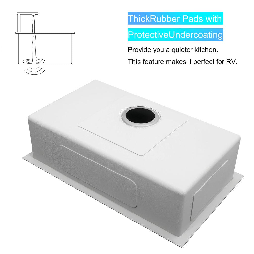 Undermount kitchen sink with sound dampening pads and protective undercoating