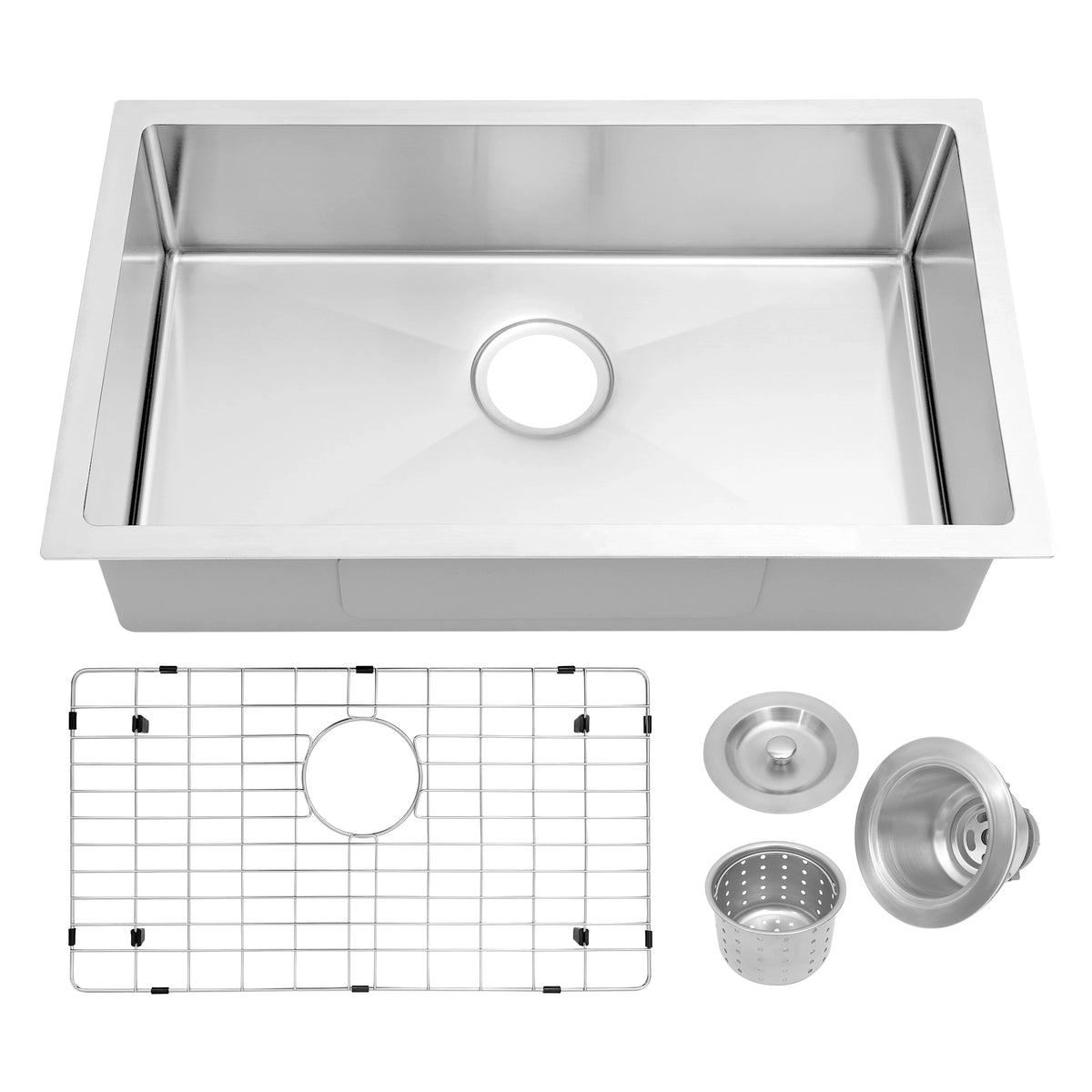 LQS TX2716S 27-inch stainless steel undermount single bowl sink with included accessories