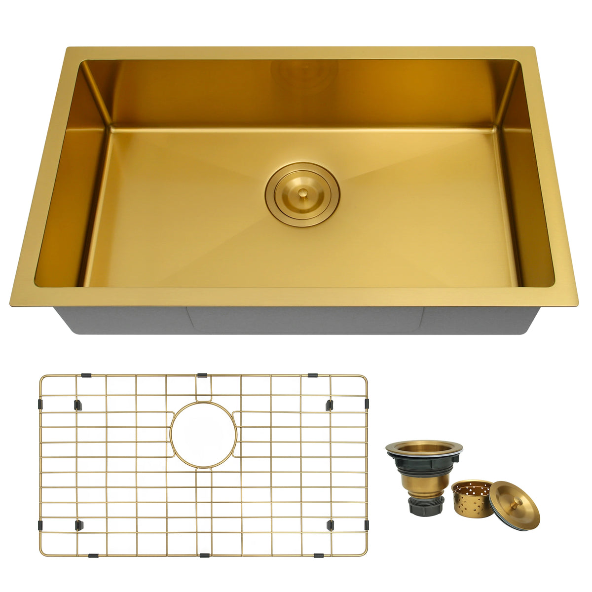 27 inch gold undermount single bowl kitchen sink with bottom grid and basket strainer