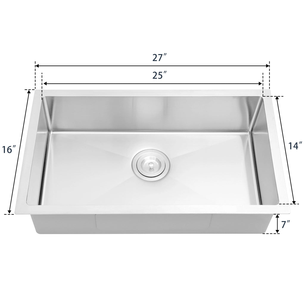 LQS TX2716S 27 x 16 inch undermount sink dimensions with 25 x 14 inch bowl and 7 inch depth