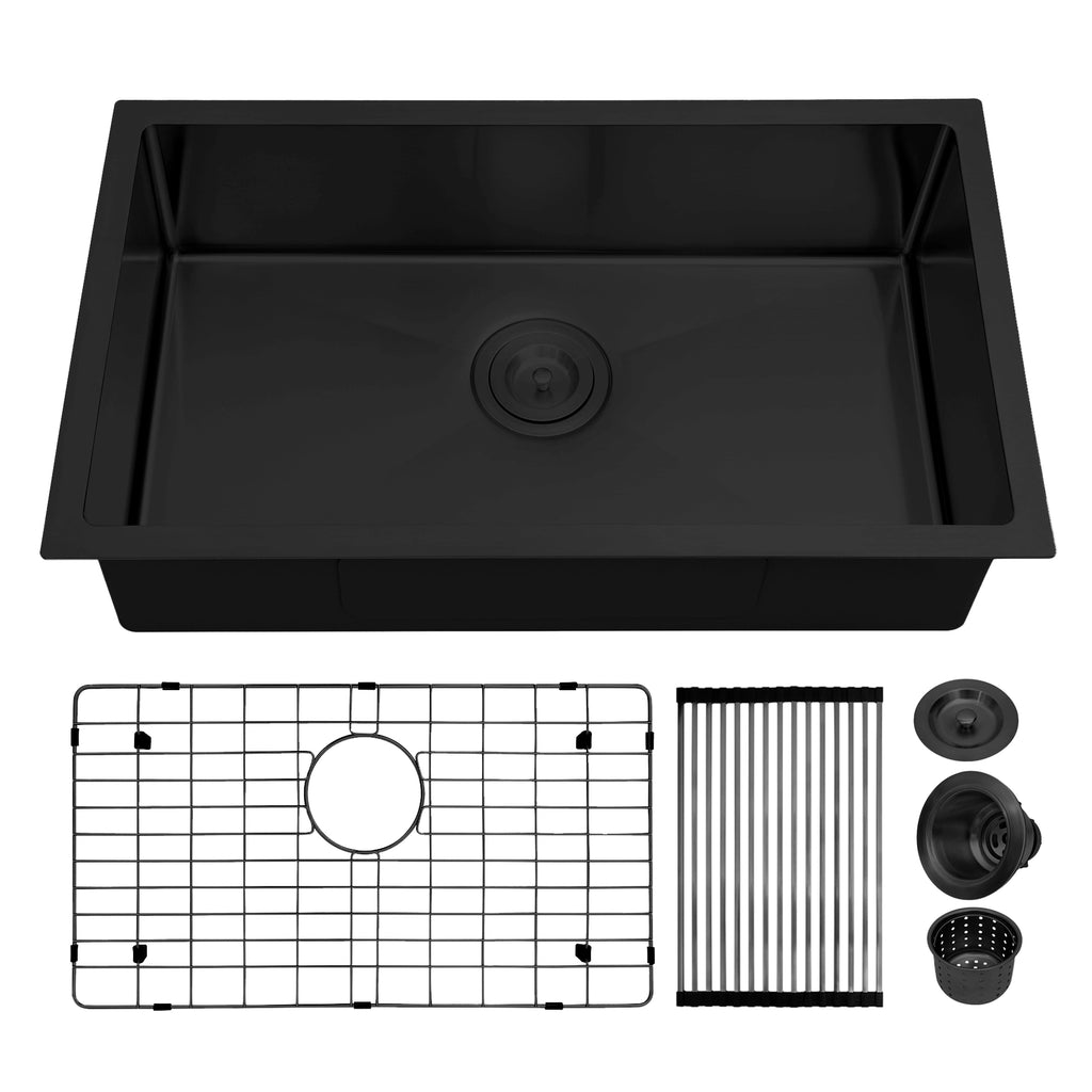 LQS TX2716S black undermount single bowl sink with accessories