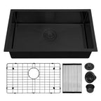 LQS TX2716S black undermount single bowl sink with accessories