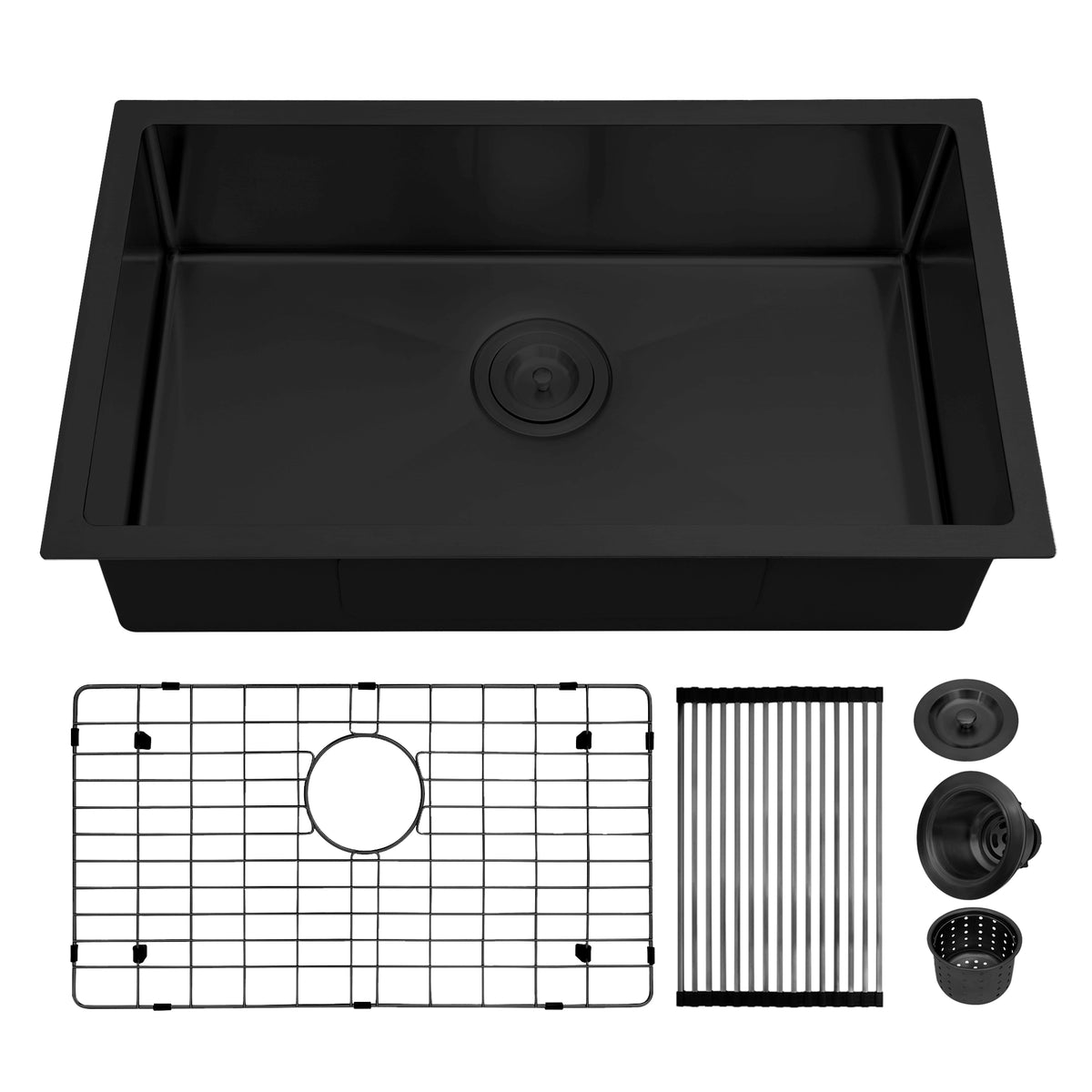 LQS TX2716S black undermount single bowl sink with accessories