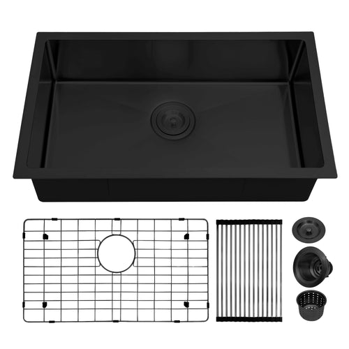 LQS TX2716S black undermount single bowl sink with accessories