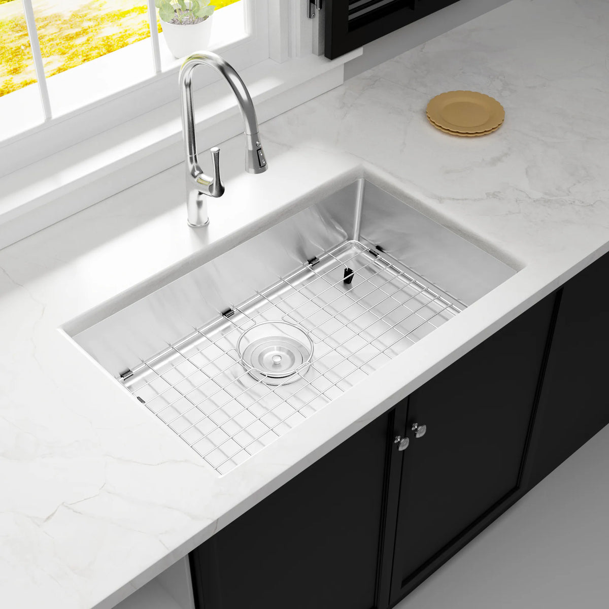 LQS TX2716S undermount stainless steel kitchen sink with protective bottom grid