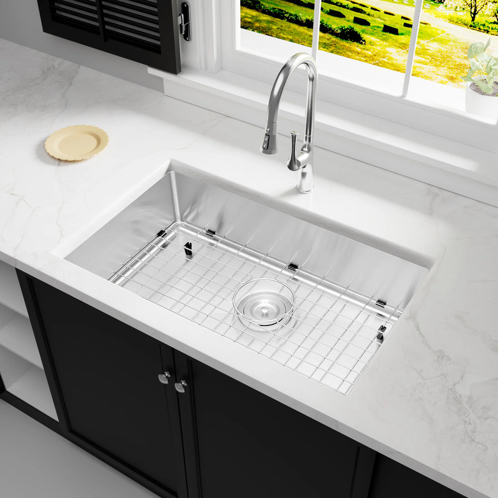 LQS TX2716S stainless steel undermount single bowl sink installed in kitchen countertop