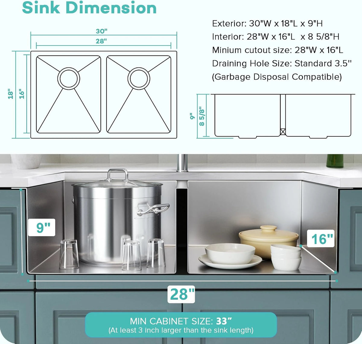 30 x 18 inch double bowl kitchen sink dimensions