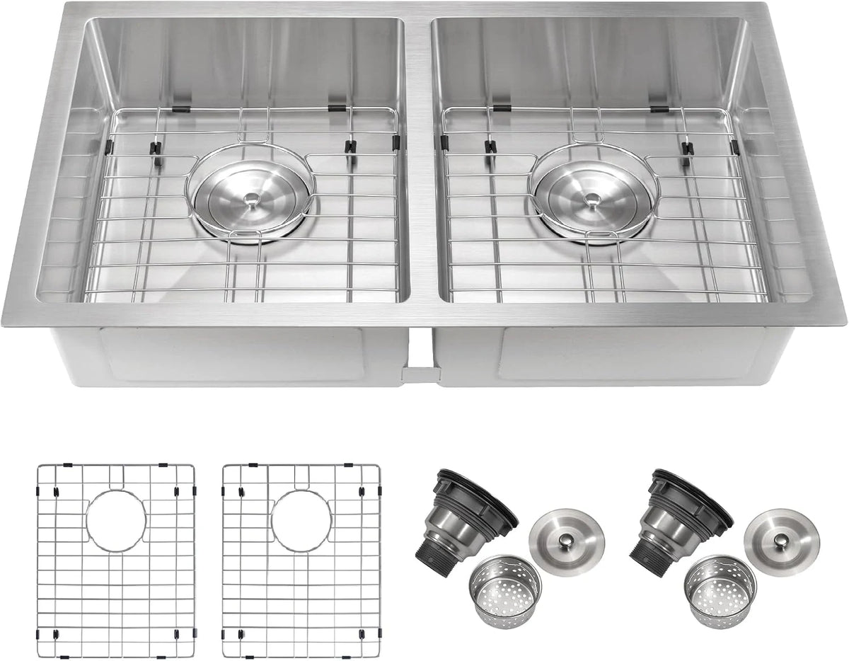 30 inch stainless steel double bowl kitchen sink with bottom grids and drain assemblies