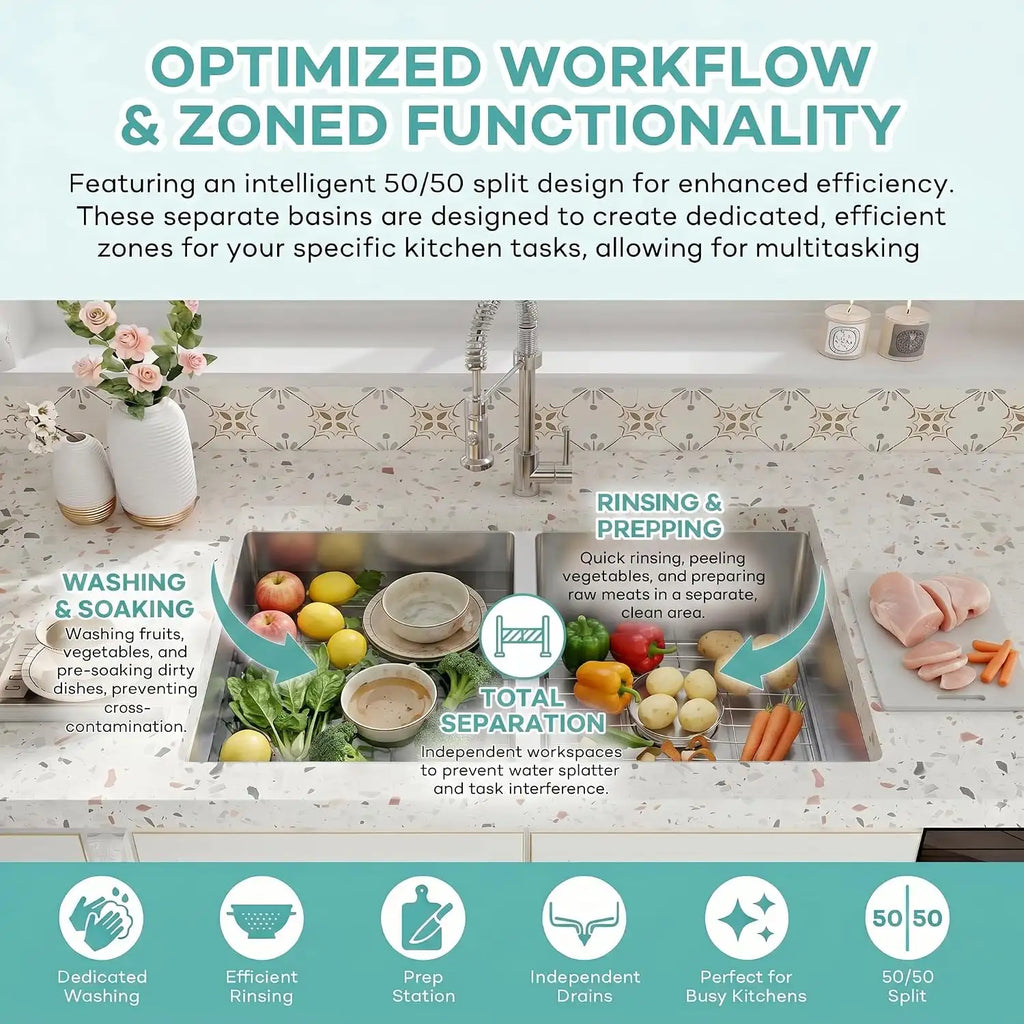 50 50 double bowl kitchen sink for washing rinsing and food prep