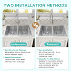 Dual-mount double bowl kitchen sink installation options