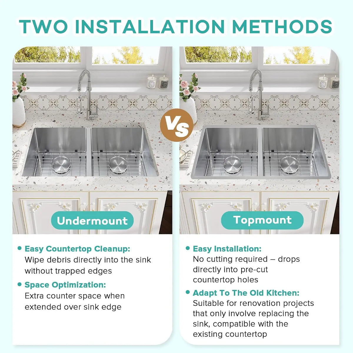 Dual-mount double bowl kitchen sink installation options