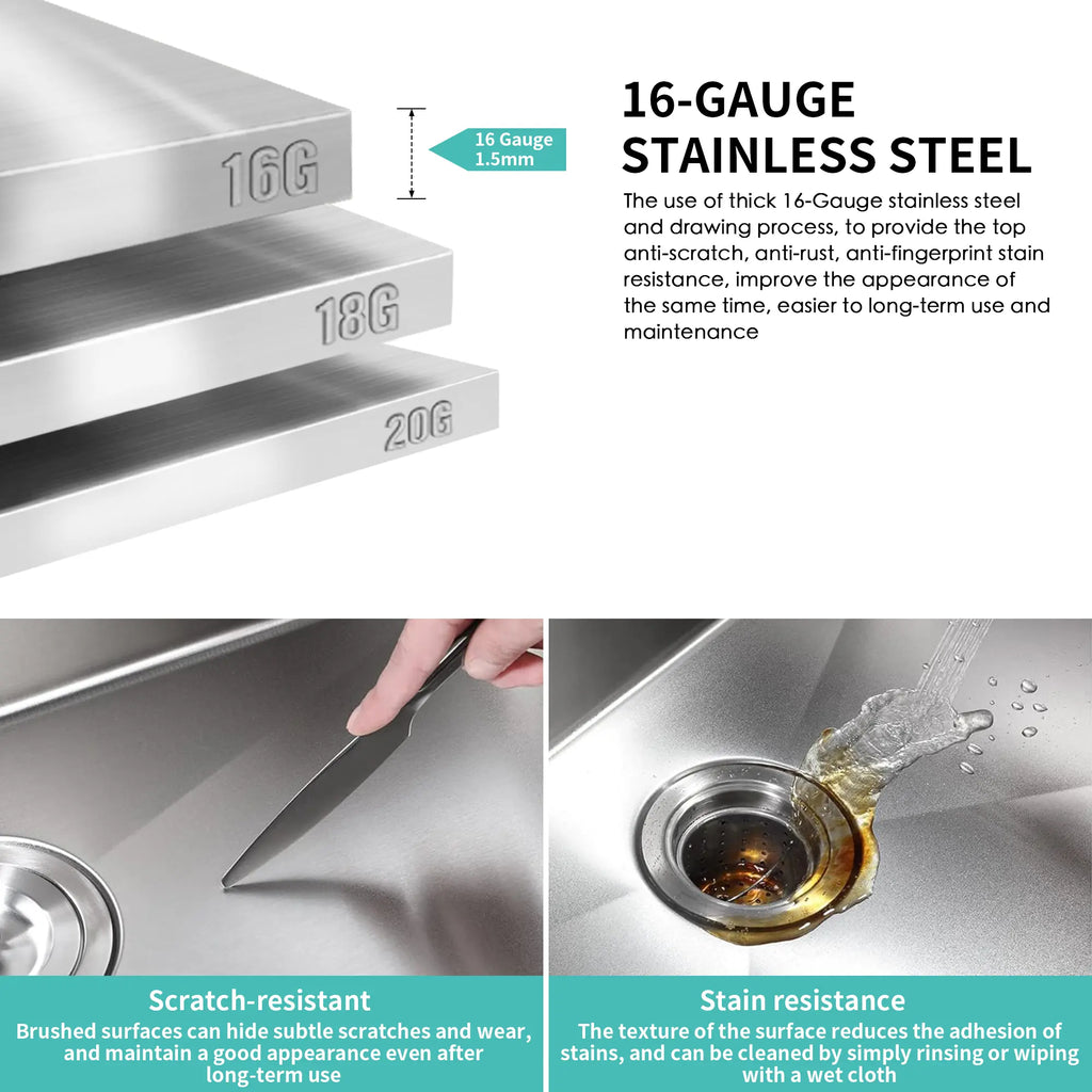 16 gauge T304 stainless steel kitchen sink material detail