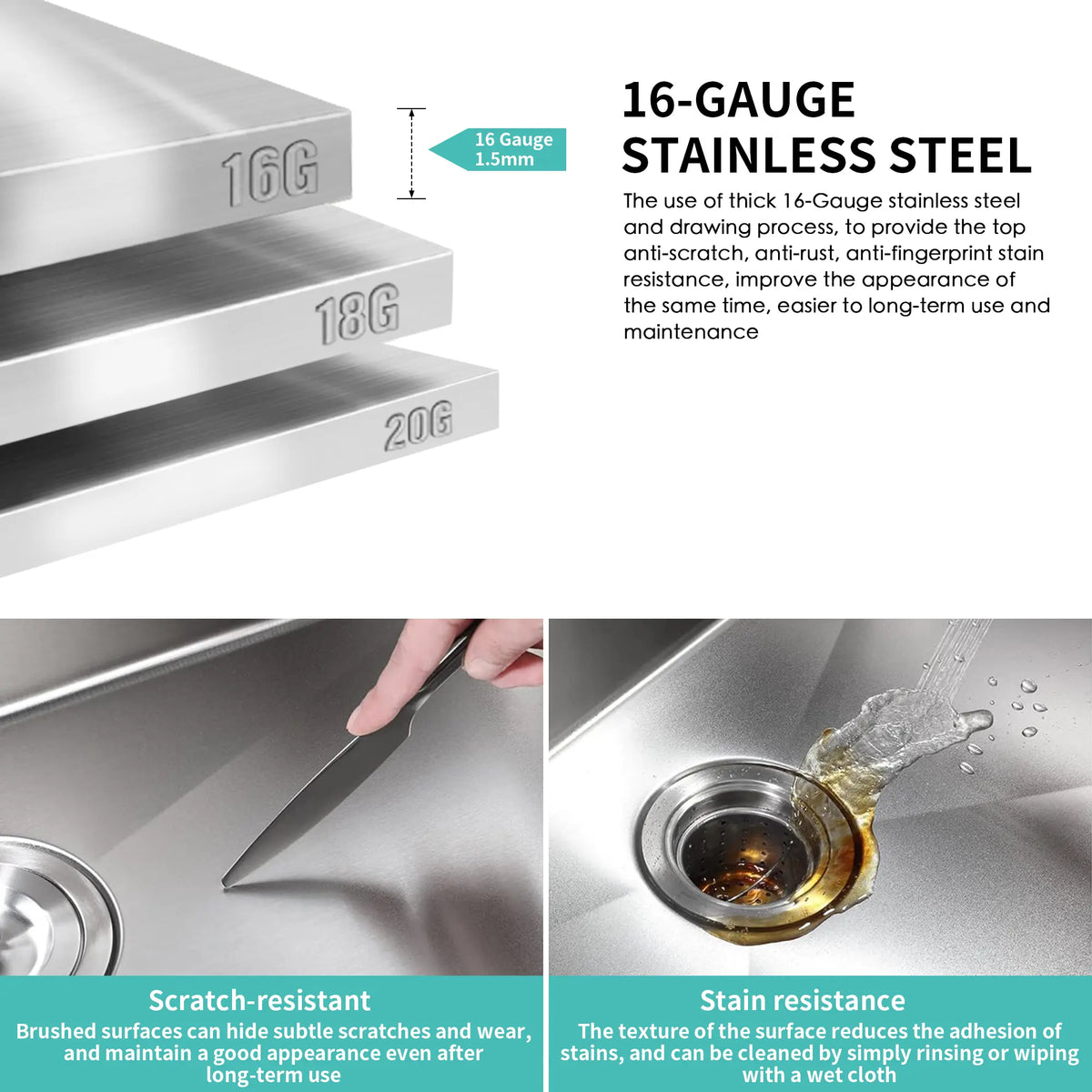 16 gauge T304 stainless steel kitchen sink material detail
