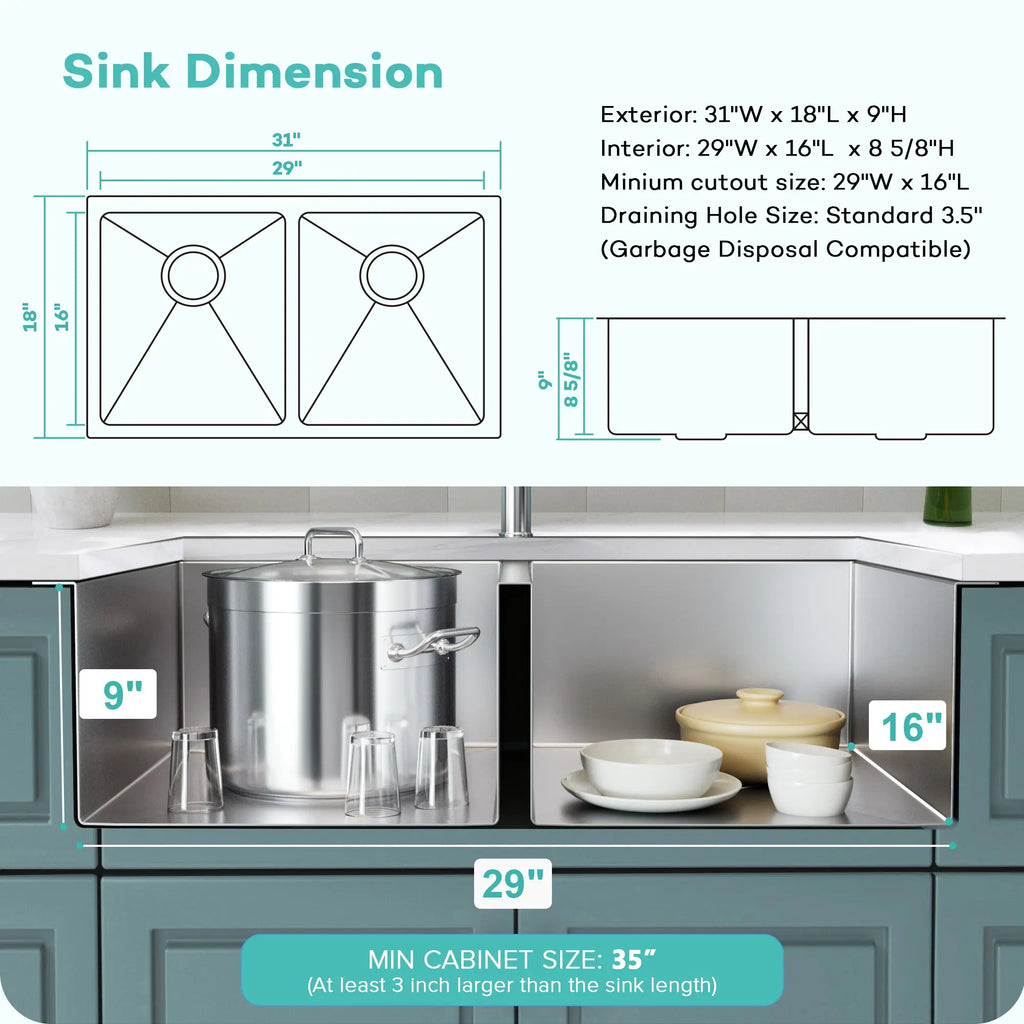31 by 18 inch double bowl kitchen sink dimensions