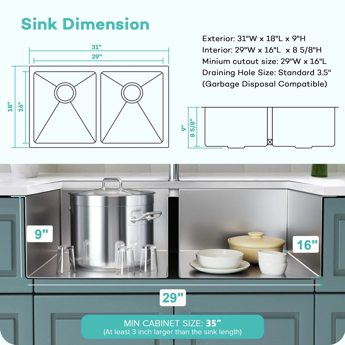 31 by 18 inch double bowl kitchen sink dimensions