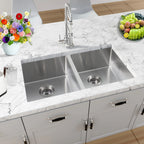 Stainless steel dual-mount double bowl kitchen sink installed in a kitchen