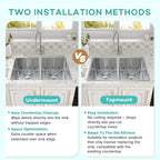 Top-mount and undermount installation options for a double bowl kitchen sink